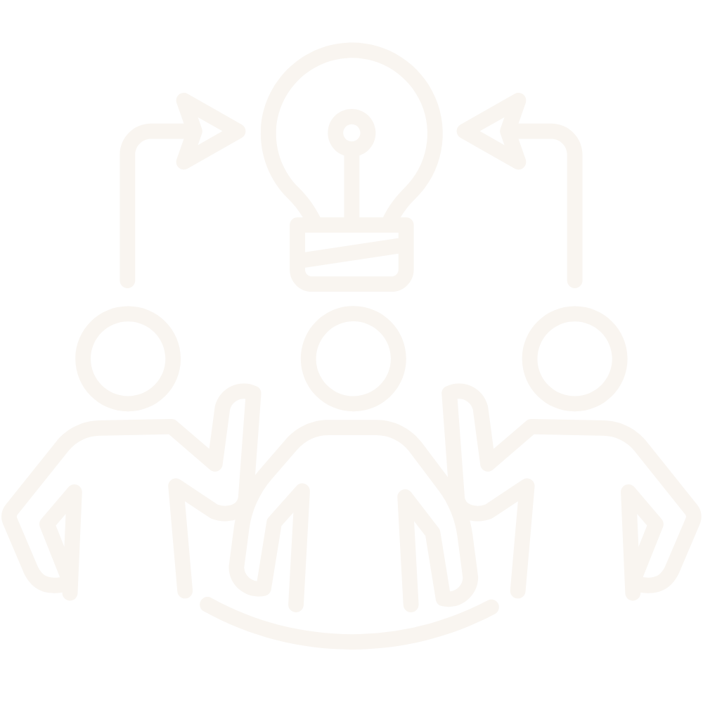 Icon of three professionals around a lightbulb representing how Diana Bejasa helps leaders reset with value-aligned boundaries that inspire trust and productivity.