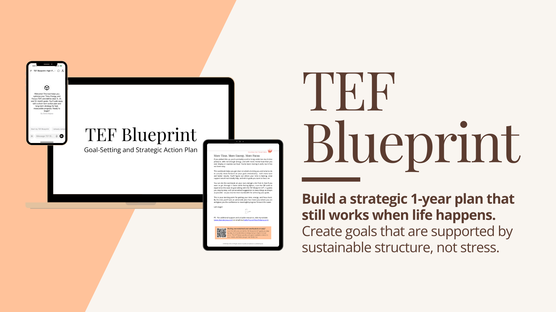 TEF Blueprint, created by Diana Bejasa, mockup showing the Workbook and GPT Guide for building a capacity-aligned 12-month roadmap