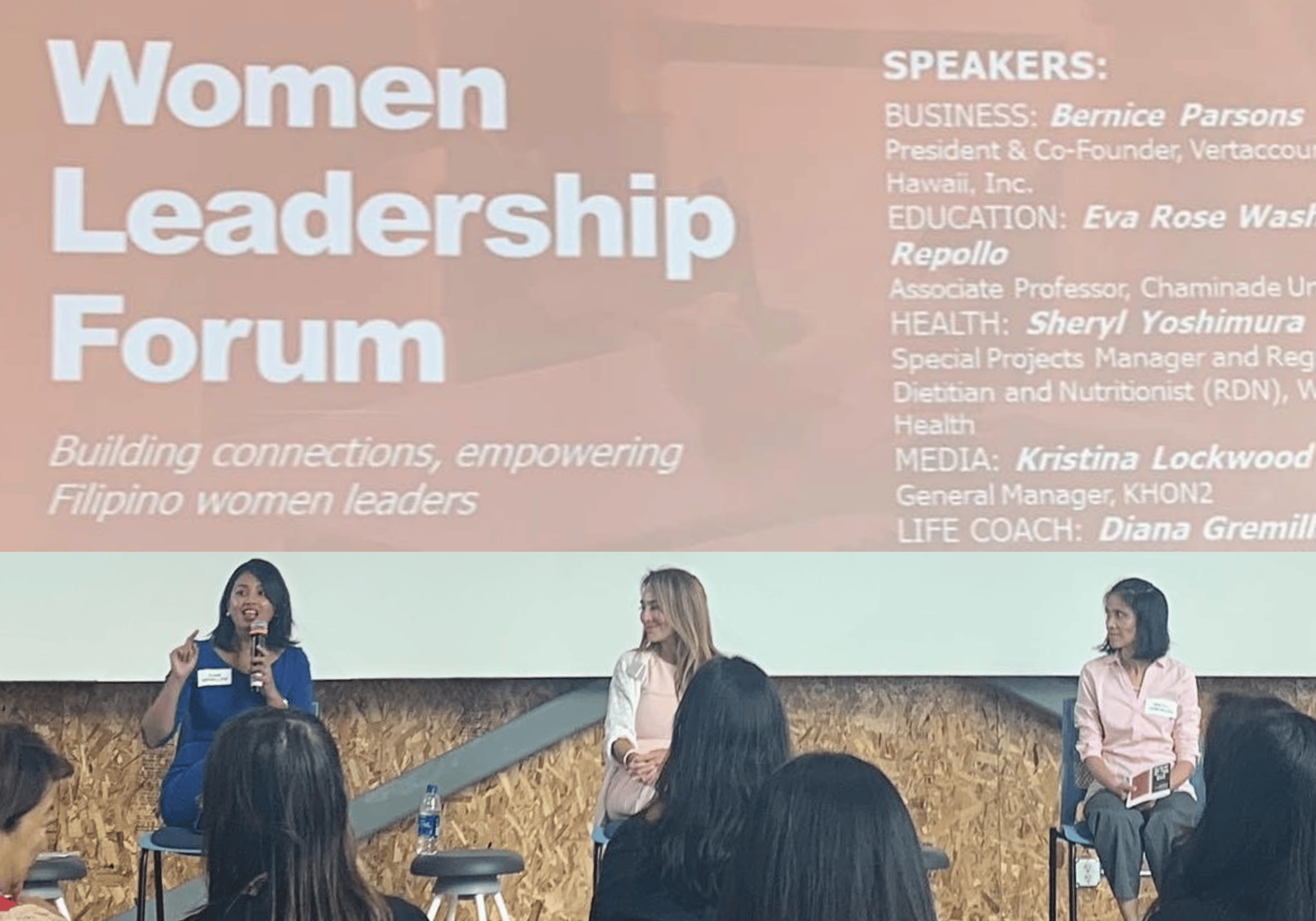 Life coach speaking onstage during a Women Leadership Forum panel alongside two other female leaders, addressing an audience about empowerment and leadership